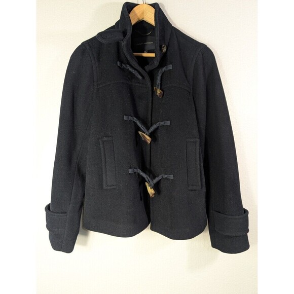 Banana Republic Black Wool Jacket Overcoat Red Piping Unlined M Faux Horn - Picture 1 of 8